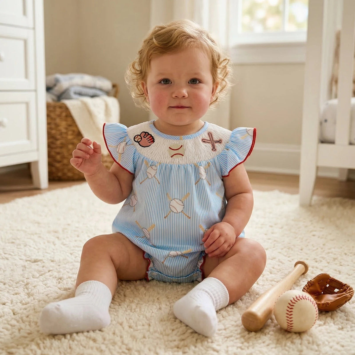 Baby Girl Baseball Embroidery Romper – Striped Flutter Sleeve Smocked Jumpsuit (0–18M)    Mimou Babywear