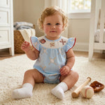 Baby Girl Baseball Embroidery Romper – Striped Flutter Sleeve Smocked Jumpsuit (0–18M)    Mimou Babywear