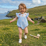 Baby Girl Baseball Embroidery Romper – Striped Flutter Sleeve Smocked Jumpsuit (0–18M)    Mimou Babywear