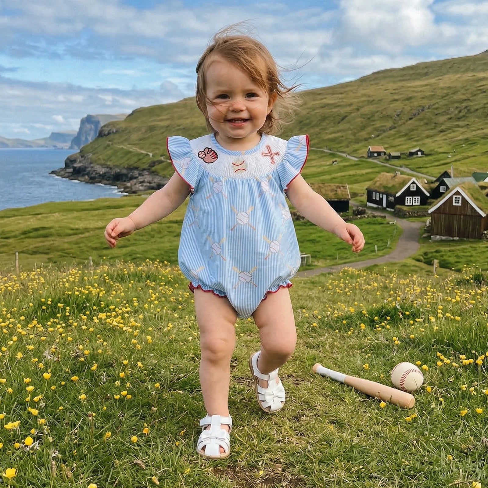 Baby Girl Baseball Embroidery Romper – Striped Flutter Sleeve Smocked Jumpsuit (0–18M)    Mimou Babywear