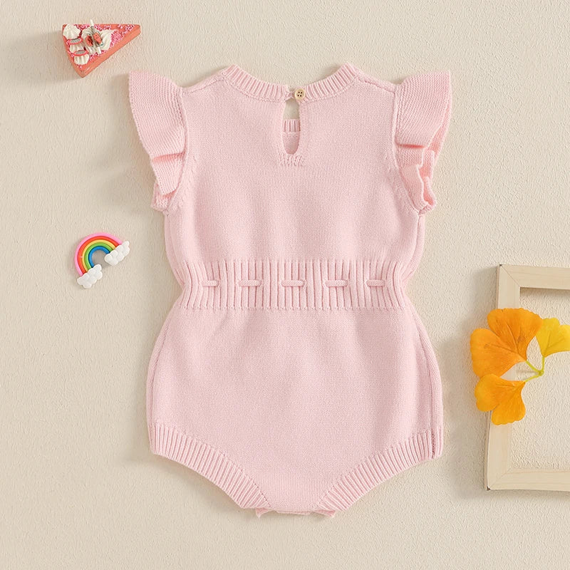Baby Girl Birthday Knit Romper – Floral Embroidery Flutter Sleeve Bodysuit (12–18M)    Mimou Babywear