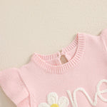 Baby Girl Birthday Knit Romper – Floral Embroidery Flutter Sleeve Bodysuit (12–18M)    Mimou Babywear