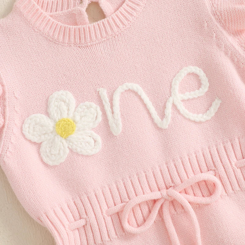 Baby Girl Birthday Knit Romper – Floral Embroidery Flutter Sleeve Bodysuit (12–18M)    Mimou Babywear
