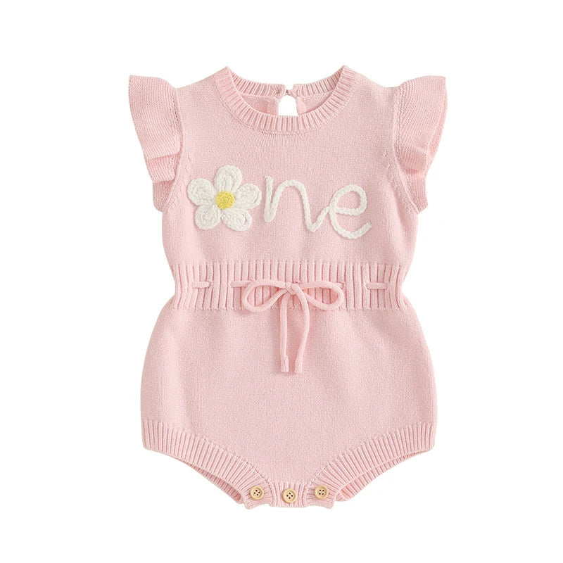 Baby Girl Birthday Knit Romper – Floral Embroidery Flutter Sleeve Bodysuit (12–18M)    Mimou Babywear