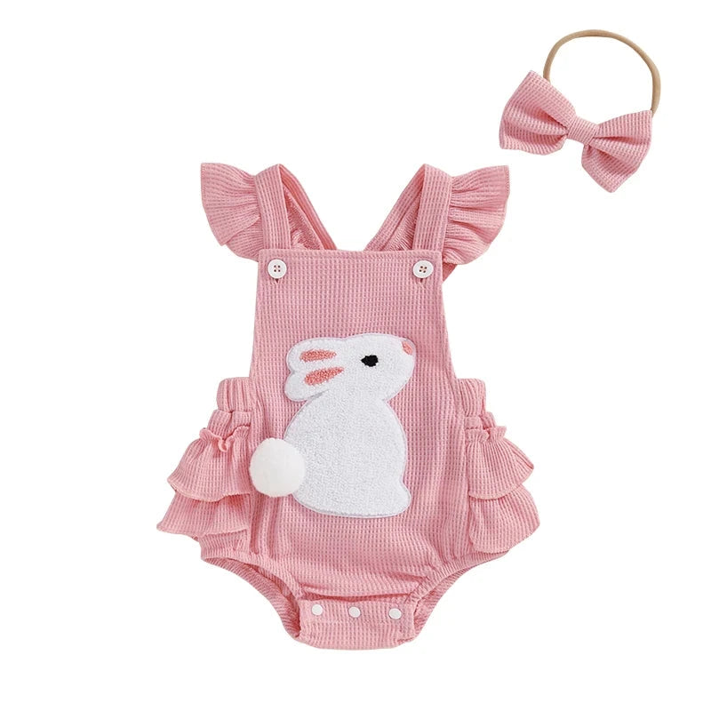 Baby Girl Bunny Romper with Headband – Soft Ruffle Summer Outfit (0–24M)