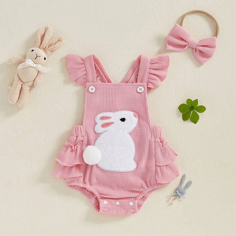 Baby Girl Bunny Romper with Headband – Soft Ruffle Summer Outfit (0–24M)