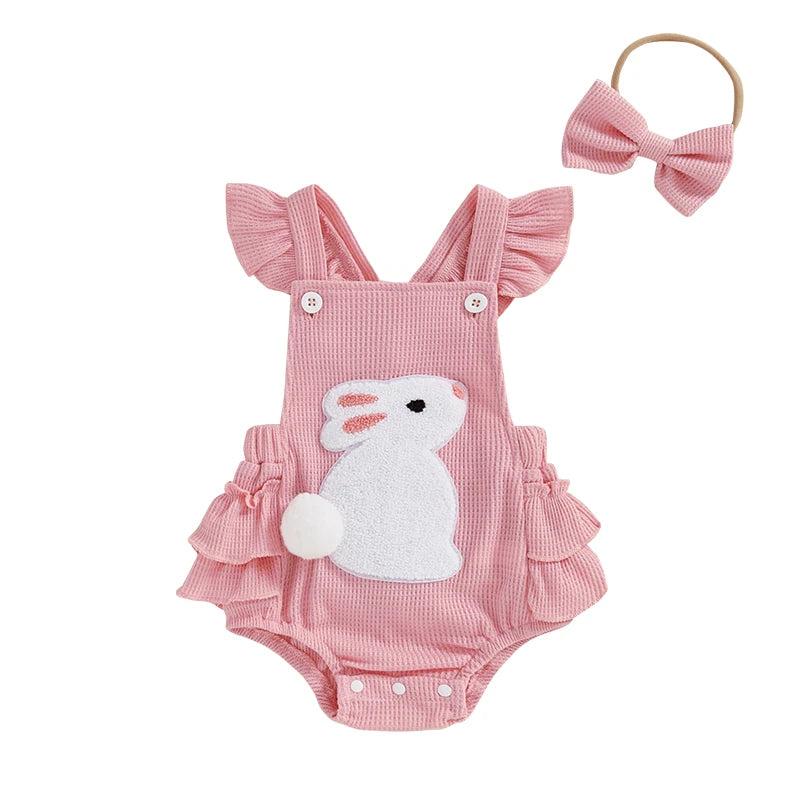 Baby Girl Bunny Romper with Headband – Soft Ruffle Summer Outfit (0–24M)    Mimou Babywear