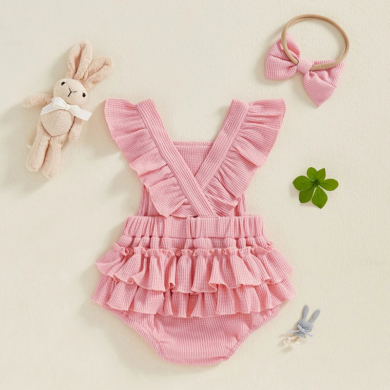 Baby Girl Bunny Romper with Headband – Soft Ruffle Summer Outfit (0–24M)    Mimou Babywear