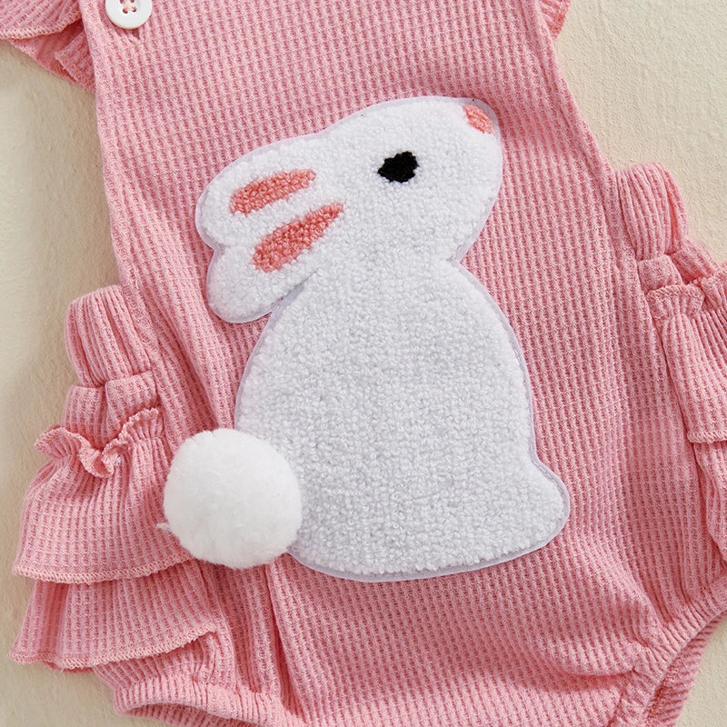 Baby Girl Bunny Romper with Headband – Soft Ruffle Summer Outfit (0–24M)    Mimou Babywear