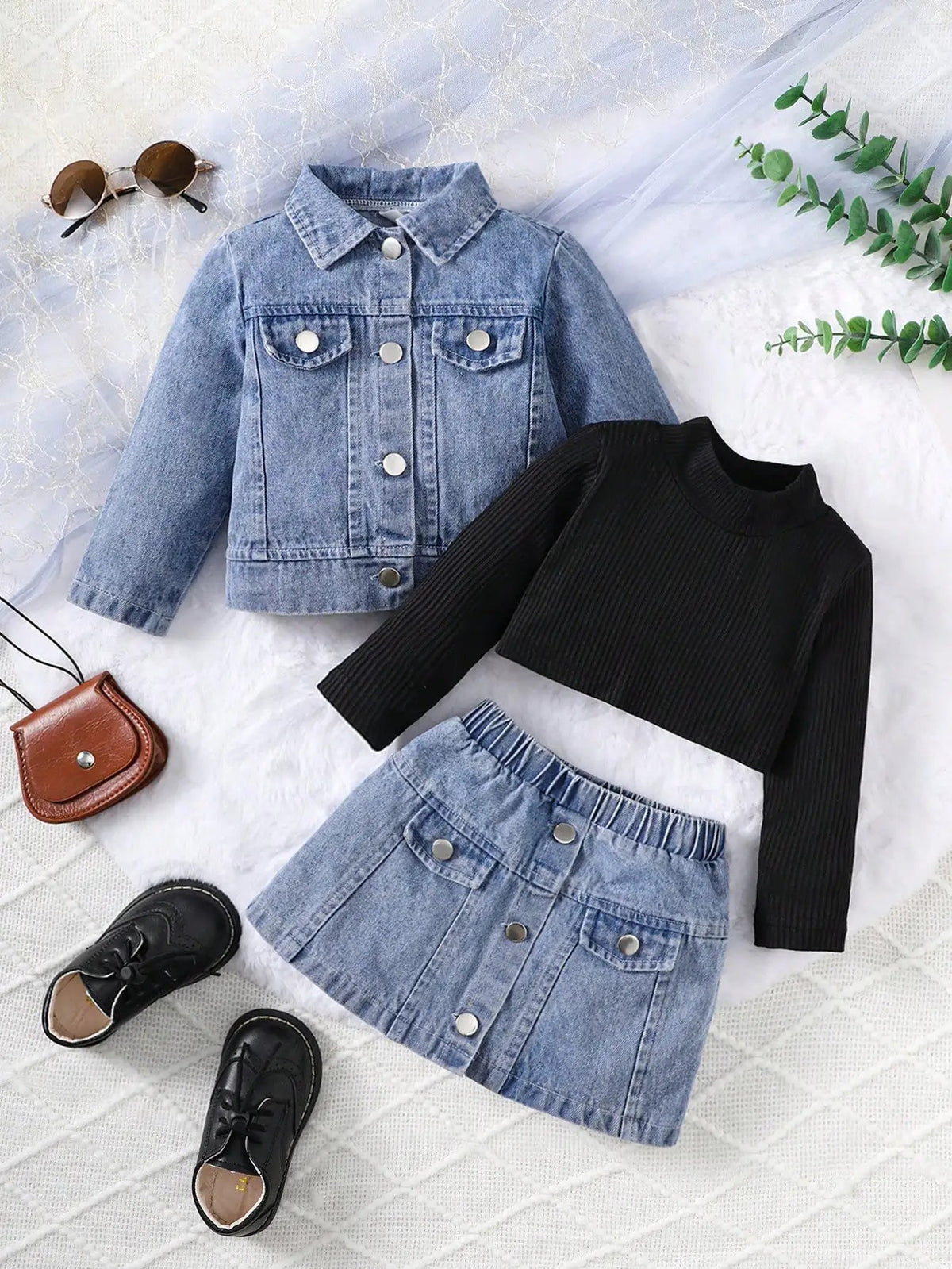 Baby Girl Denim 3-Piece Outfit Set – Jacket, Skirt & Knit Top (6-36M)    Mimou Babywear