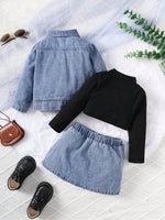 Baby Girl Denim 3-Piece Outfit Set – Jacket, Skirt & Knit Top (6-36M)    Mimou Babywear