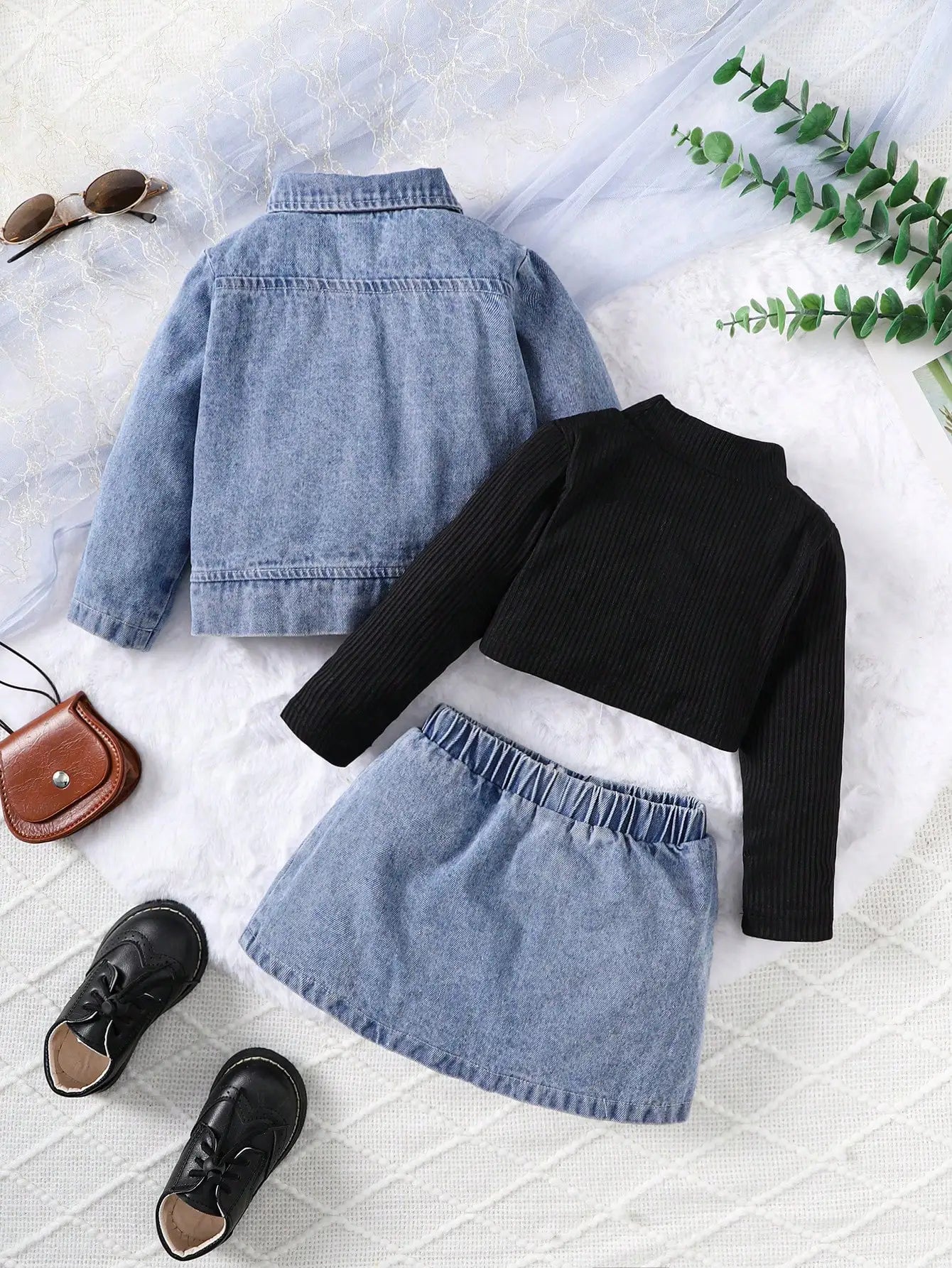 Baby Girl Denim 3-Piece Outfit Set – Jacket, Skirt & Knit Top (6-36M)    Mimou Babywear