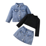 Baby Girl Denim 3-Piece Outfit Set – Jacket, Skirt & Knit Top (6-36M)    Mimou Babywear