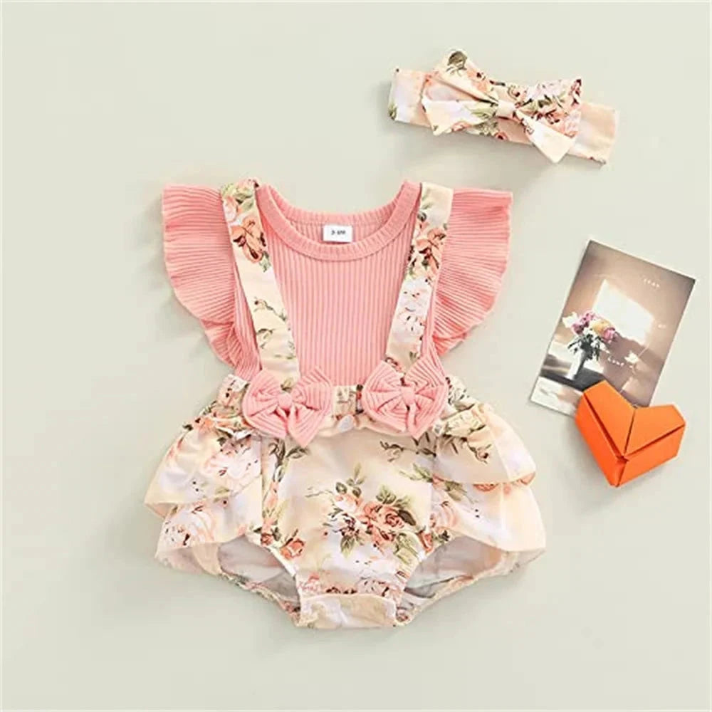 Baby Girl Floral Romper Dress Set with Headband (0–18M)    Mimou Babywear