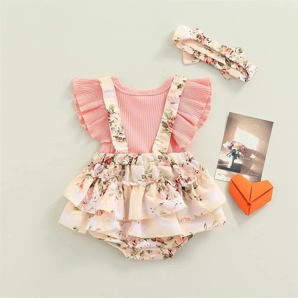 Baby Girl Floral Romper Dress Set with Headband (0–18M)    Mimou Babywear