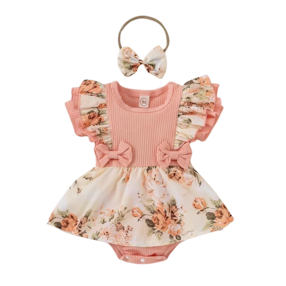 Baby Girl Floral Romper Dress Set with Headband (0–18M)    Mimou Babywear