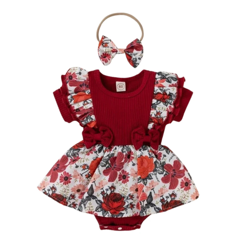 Baby Girl Floral Romper Dress Set with Headband (0–18M)    Mimou Babywear
