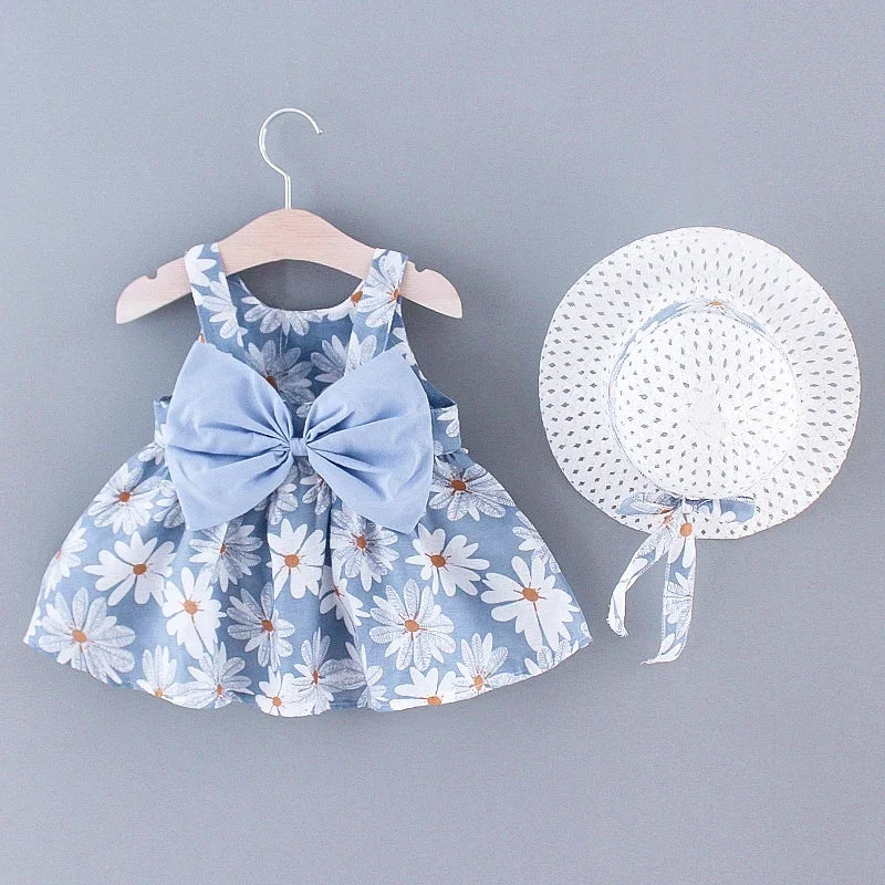 Baby Girl Floral Summer Dress with Bow & Matching Hat (9–36M)