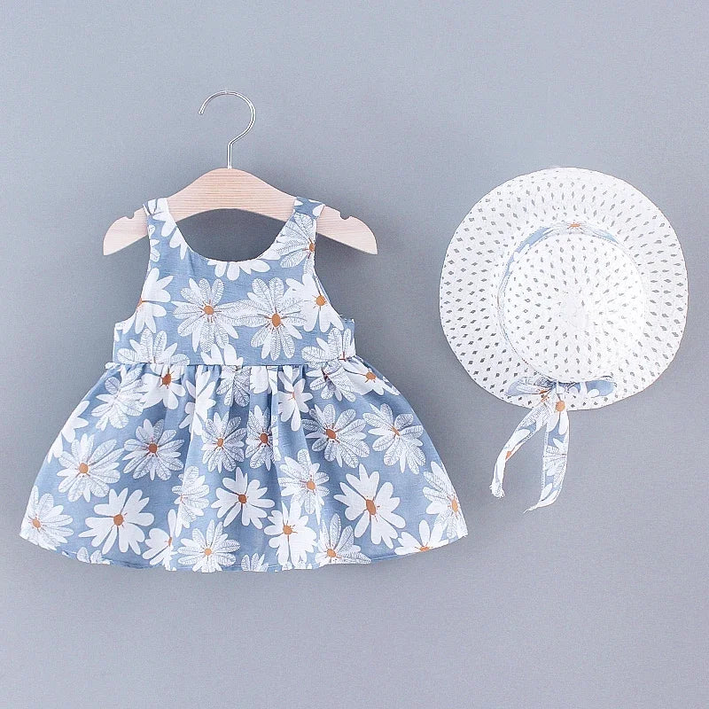 Baby Girl Floral Summer Dress with Bow & Matching Hat (9–36M)