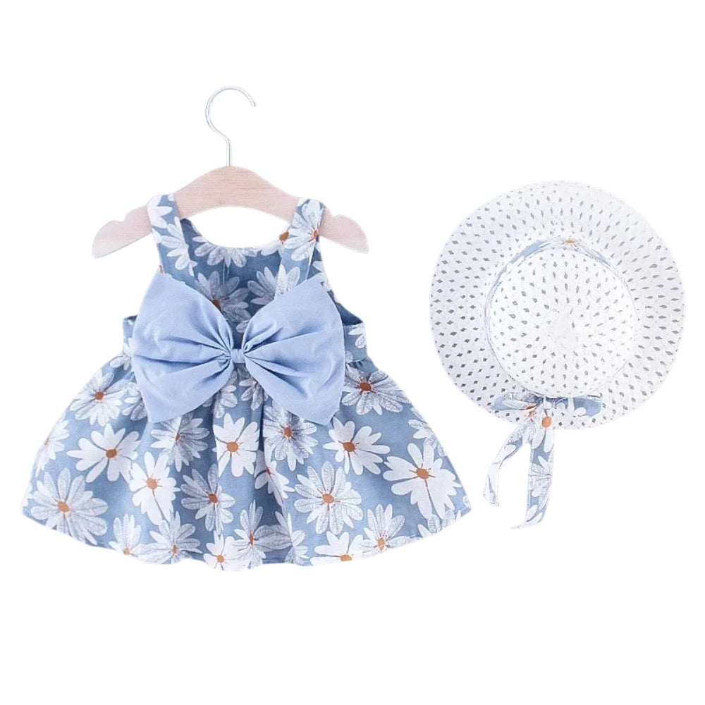 Baby Girl Floral Summer Dress with Bow & Matching Hat (9–36M)