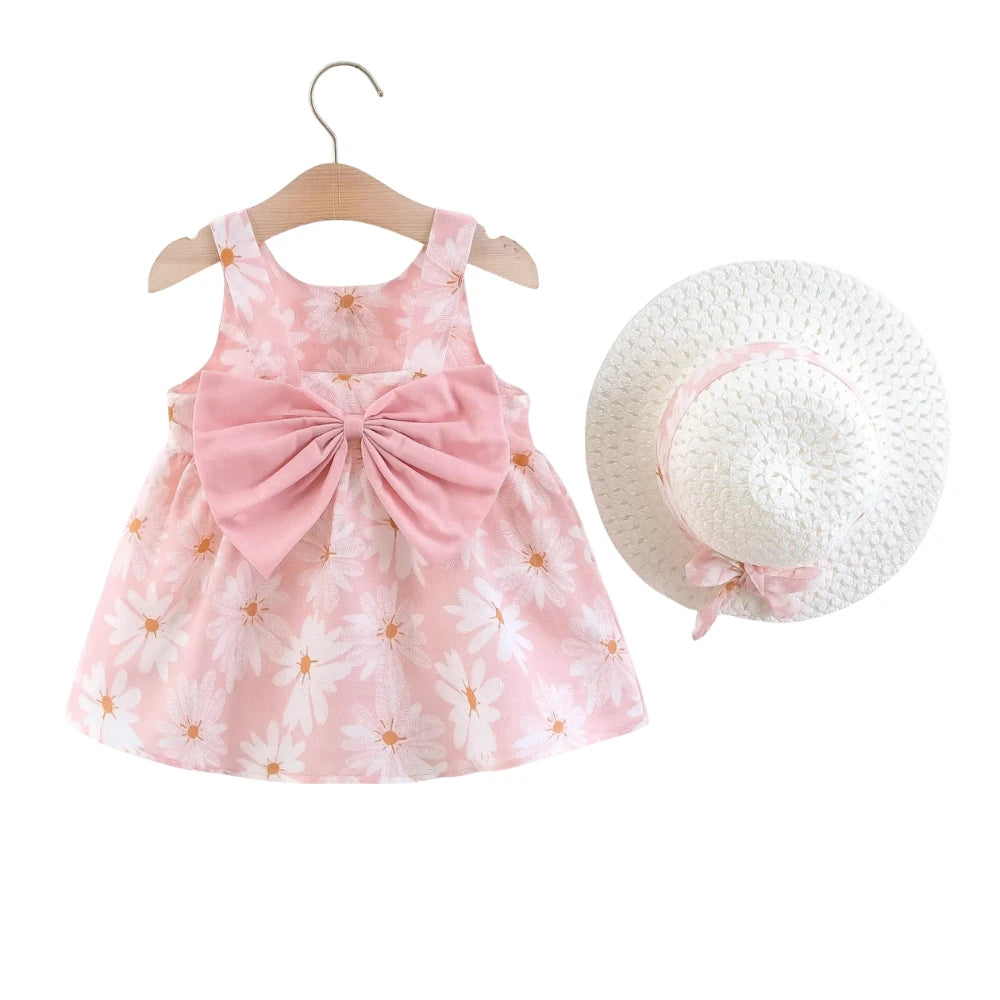 Baby Girl Floral Summer Dress with Bow & Matching Hat (9–36M)    Mimou Babywear