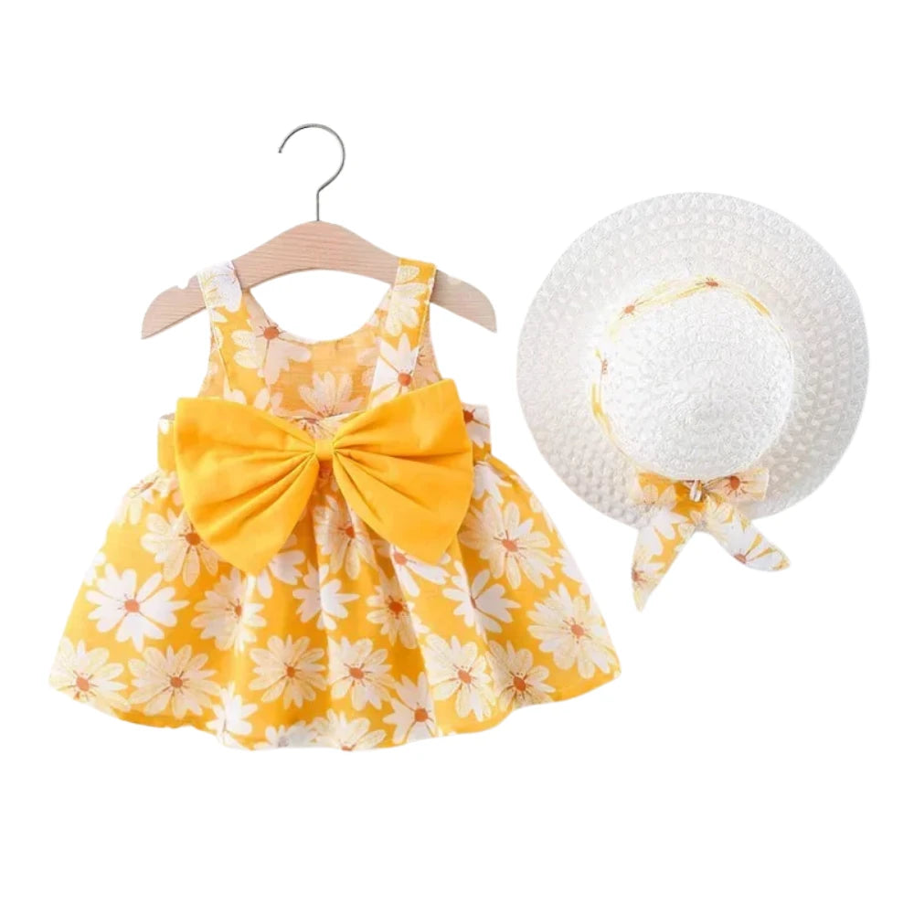 Baby Girl Floral Summer Dress with Bow & Matching Hat (9–36M)    Mimou Babywear