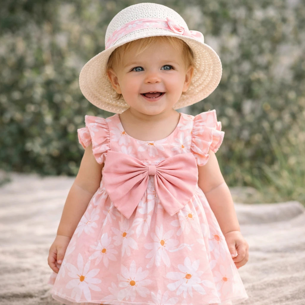 Baby Girl Floral Summer Dress with Bow & Matching Hat (9–36M)    Mimou Babywear