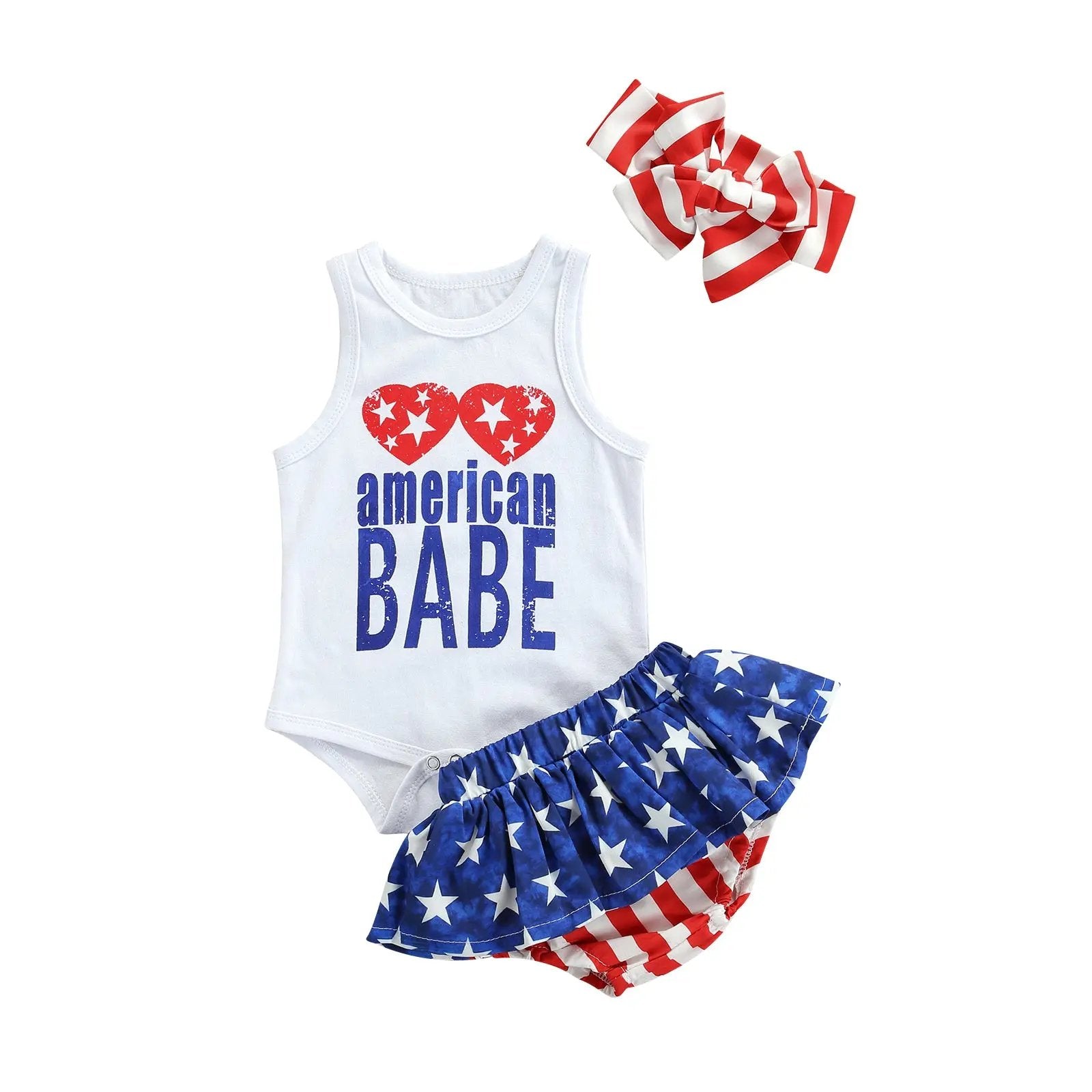 Baby Girl Independence Day Outfit – Cotton 3-Piece Set with Romper, Shorts & Headband    Mimou Babywear