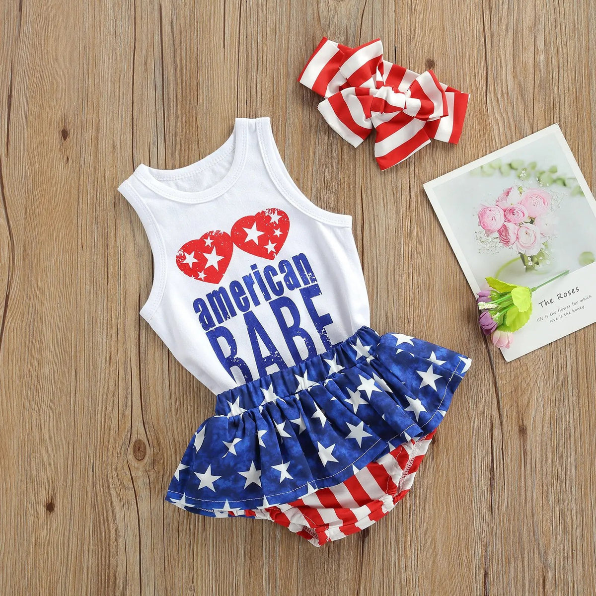Baby Girl Independence Day Outfit – Cotton 3-Piece Set with Romper, Shorts & Headband    Mimou Babywear