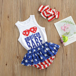 Baby Girl Independence Day Outfit – Cotton 3-Piece Set with Romper, Shorts & Headband    Mimou Babywear