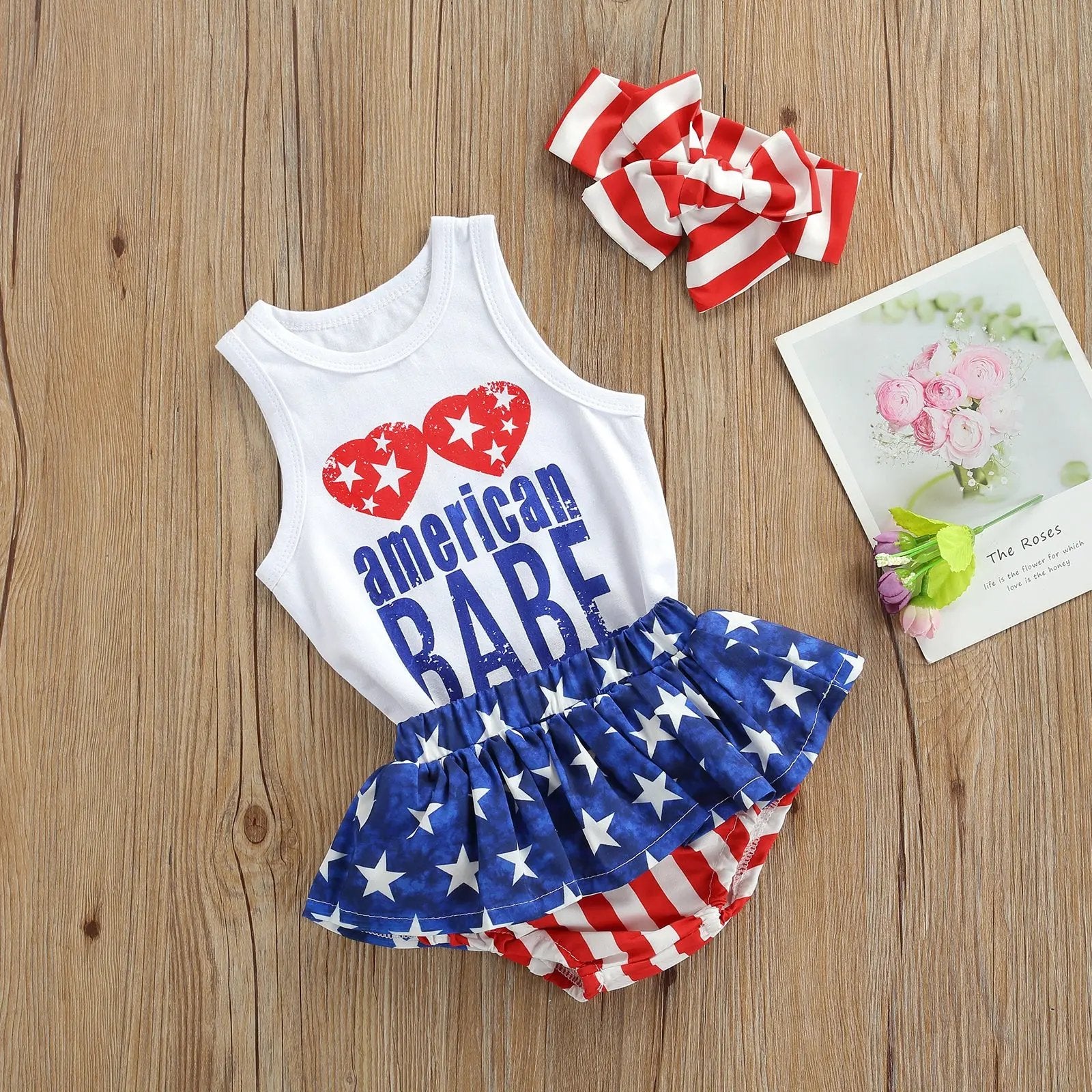 Baby Girl Independence Day Outfit – Cotton 3-Piece Set with Romper, Shorts & Headband    Mimou Babywear