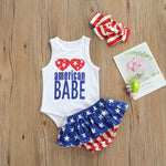 Baby Girl Independence Day Outfit – Cotton 3-Piece Set with Romper, Shorts & Headband    Mimou Babywear