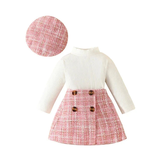 Baby Girl Knit Set with Plaid Skirt & Hat (6-36M)    Mimou Babywear