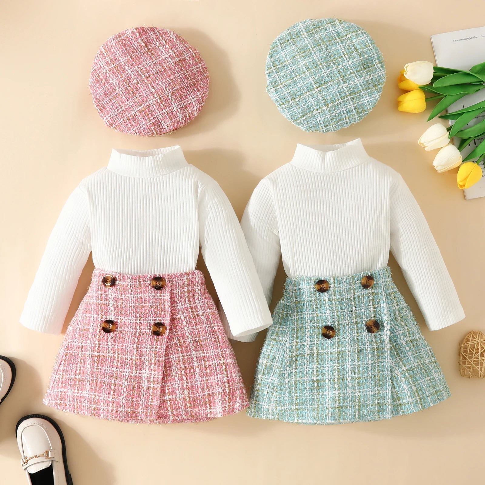 Baby Girl Knit Set with Plaid Skirt & Hat (6-36M)    Mimou Babywear