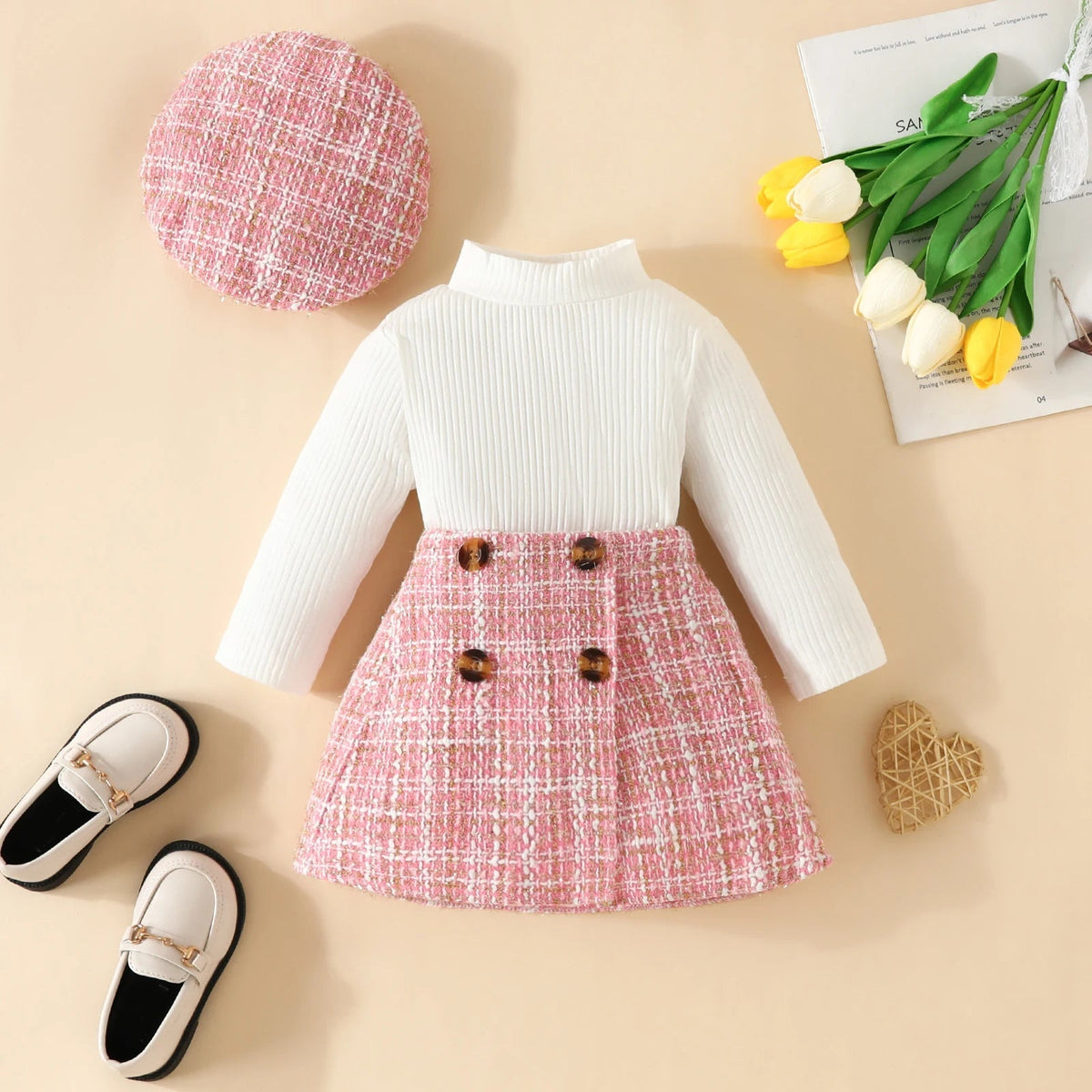 Baby Girl Knit Set with Plaid Skirt & Hat (6-36M)    Mimou Babywear