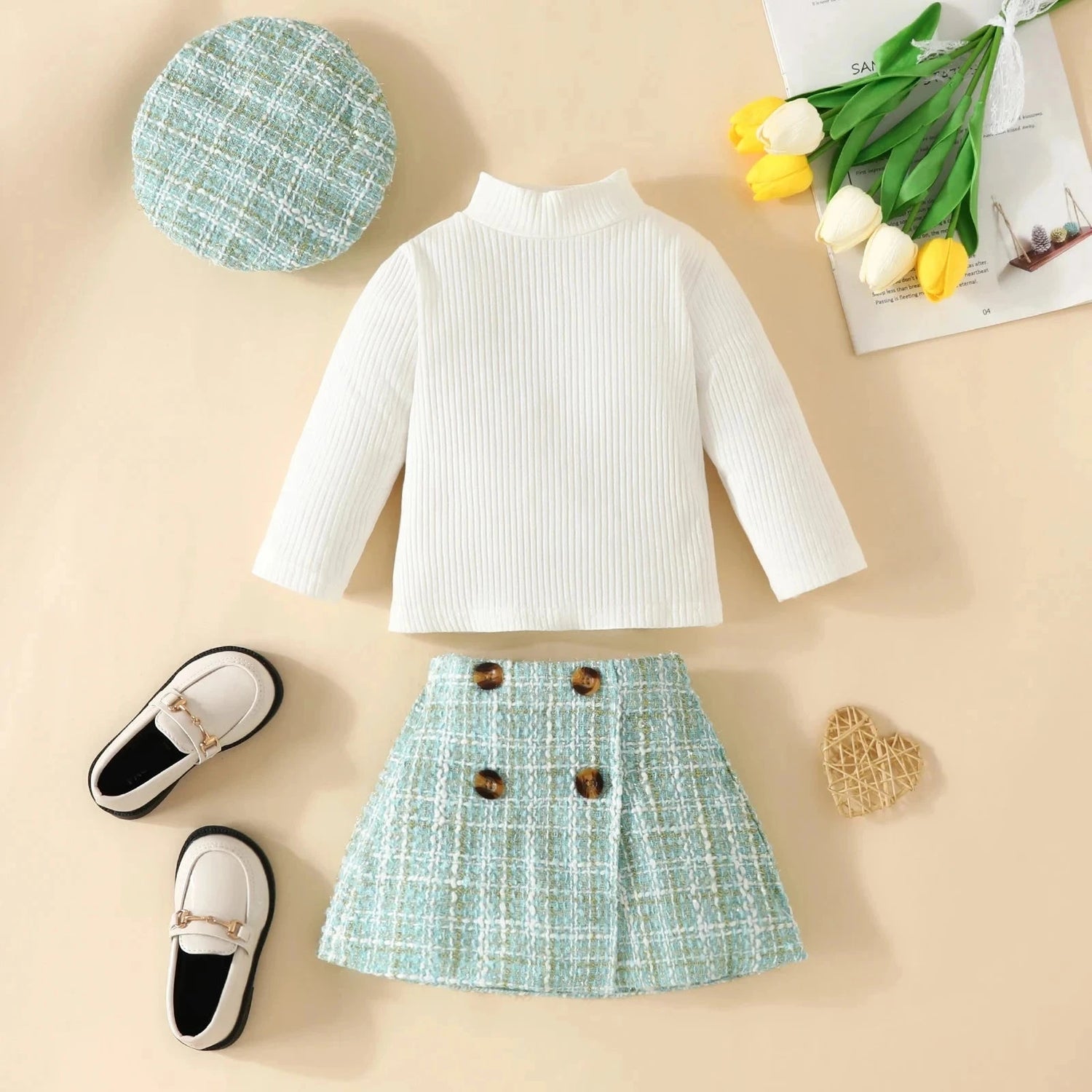 Baby Girl Knit Set with Plaid Skirt & Hat (6-36M)    Mimou Babywear