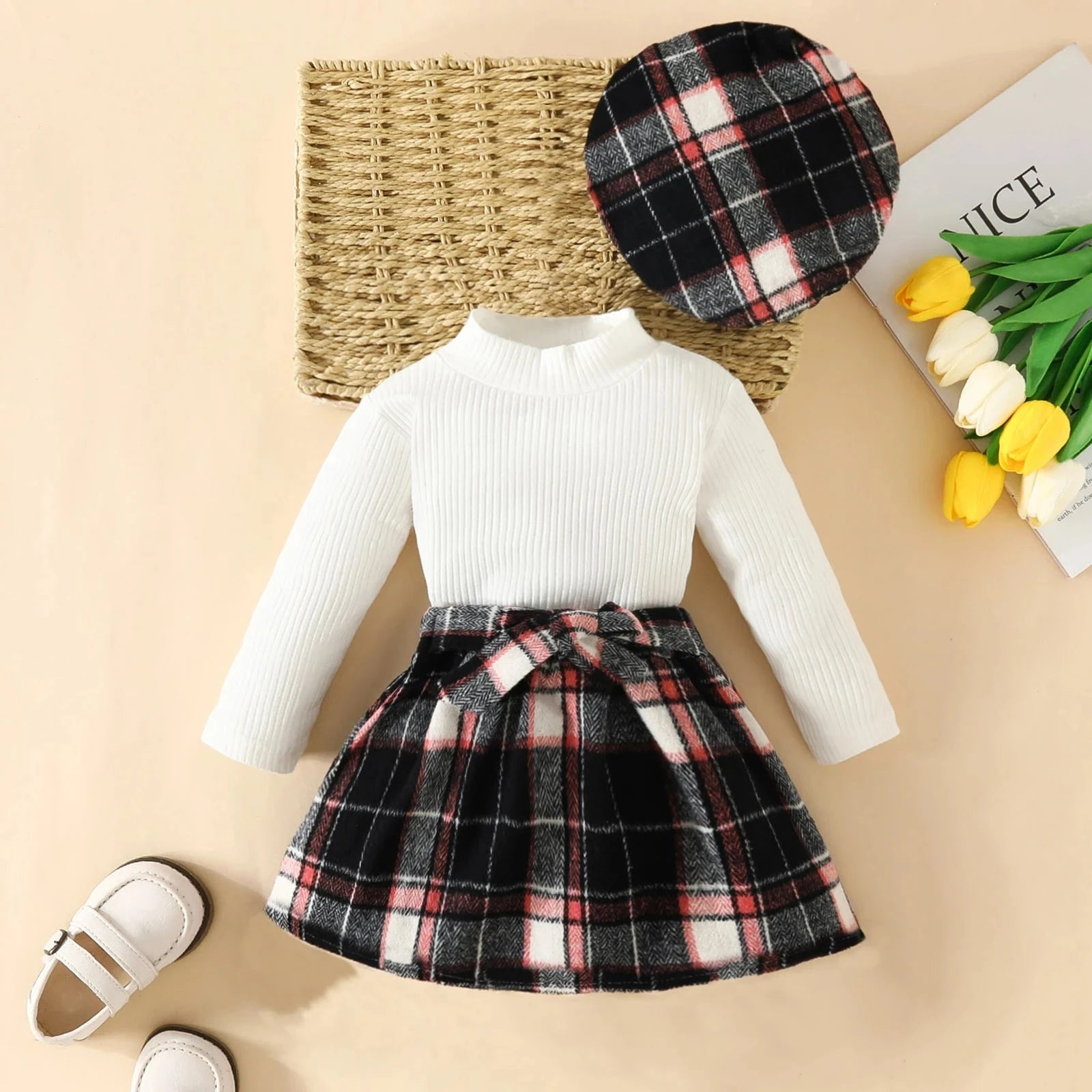 Baby Girl Knit Set with Plaid Skirt & Hat    Mimou Babywear