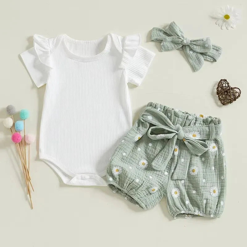 Baby Girl Summer Ribbed Romper Set with Daisy Shorts & Headband – (3 Piece Outfit - 3-24M)    Mimou Babywear