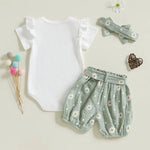 Baby Girl Summer Ribbed Romper Set with Daisy Shorts & Headband – (3 Piece Outfit - 3-24M)    Mimou Babywear