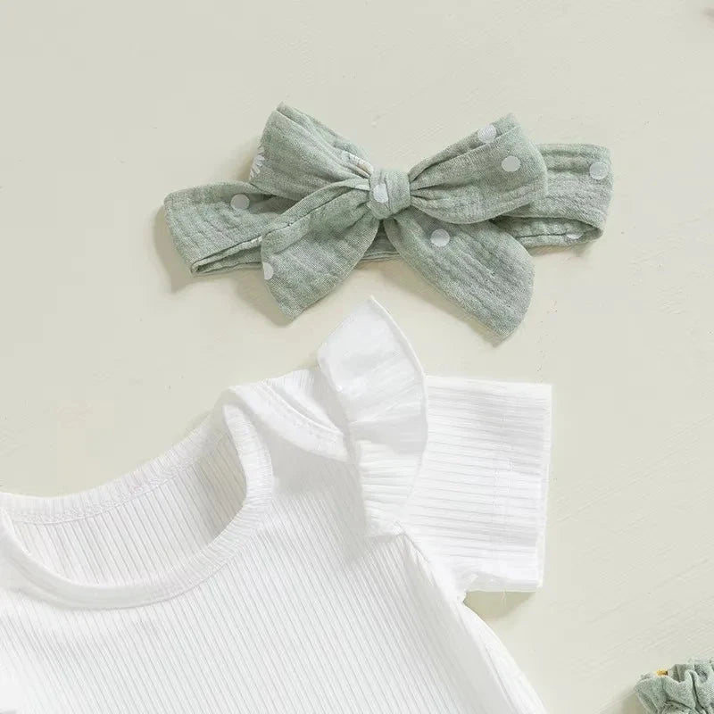 Baby Girl Summer Ribbed Romper Set with Daisy Shorts & Headband – (3 Piece Outfit - 3-24M)    Mimou Babywear