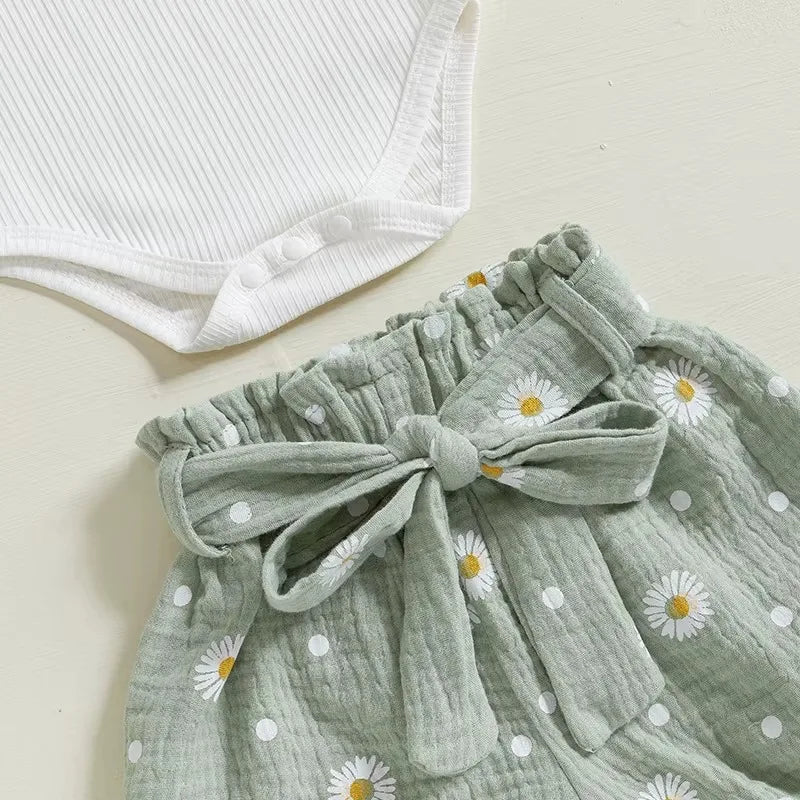 Baby Girl Summer Ribbed Romper Set with Daisy Shorts & Headband – (3 Piece Outfit - 3-24M)    Mimou Babywear