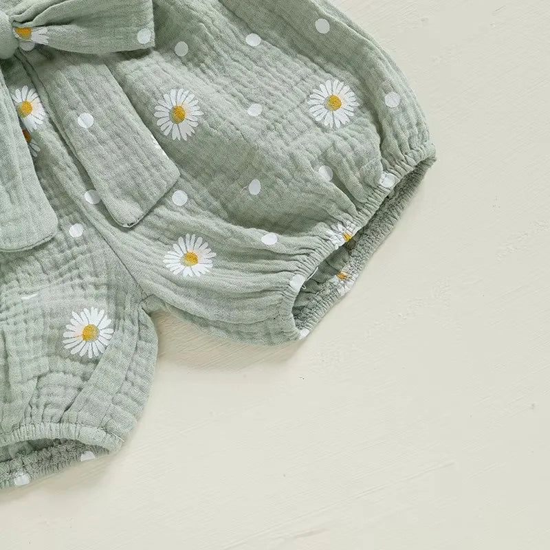 Baby Girl Summer Ribbed Romper Set with Daisy Shorts & Headband – (3 Piece Outfit - 3-24M)    Mimou Babywear