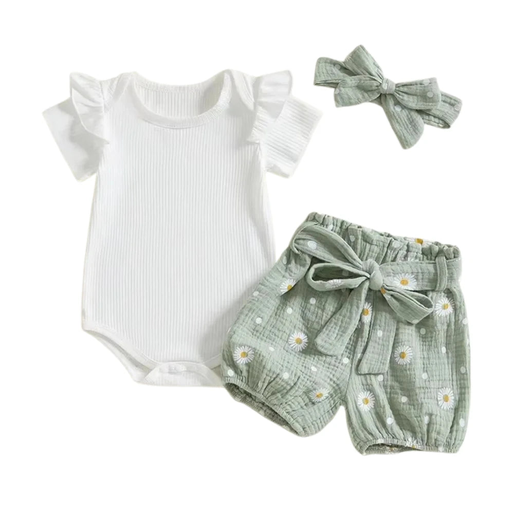 Baby Girl Summer Ribbed Romper Set with Daisy Shorts & Headband – (3 Piece Outfit - 3-24M)    Mimou Babywear