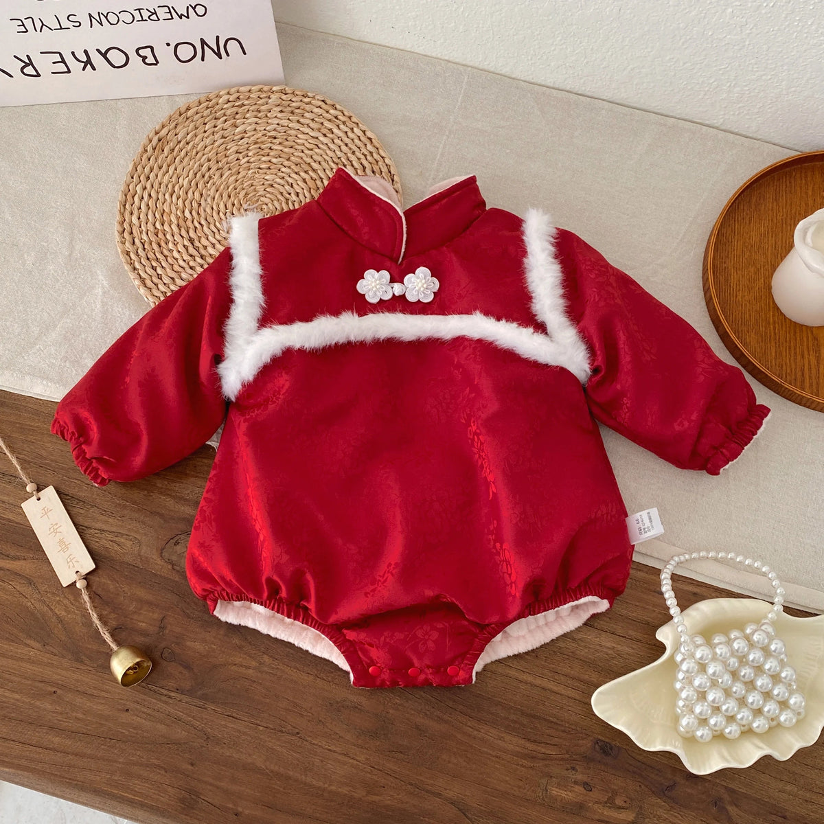 Baby Girl Winter New Year Romper – Soft Long-Sleeve Chinese-Style One-Piece    Mimou Babywear