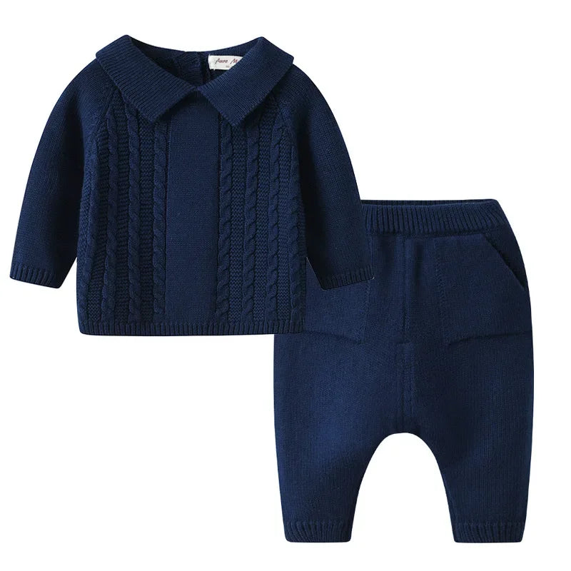 Baby Knit Cotton Set with Collar Pullover & Pants – Long Sleeve Infant Outfit (3-24M)    Mimou Babywear