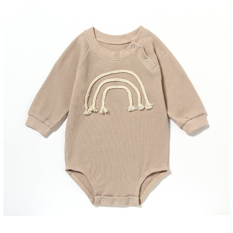 Baby Onesie Spring And Autumn Romper Romper Baby Long-Sleeved Waffle Baby Wrap   Khaki + Cotton Rope / 90cm Mimou Babywear