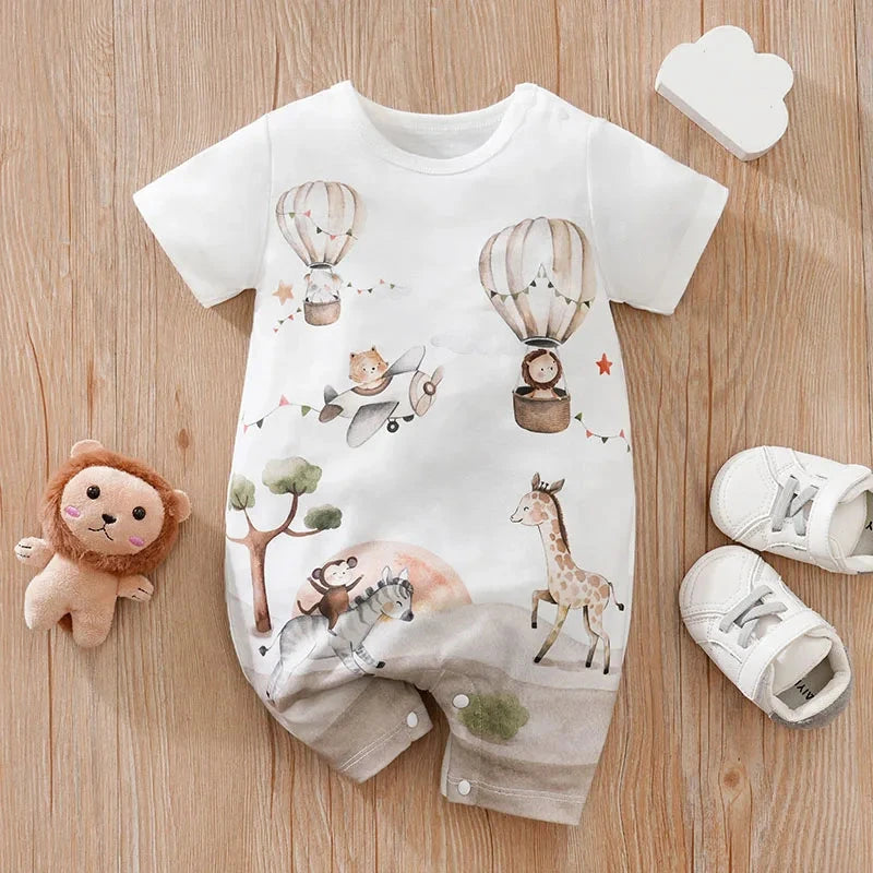 Baby Short Sleeve Romper – Animal Cartoon Print (0-18M)    Mimou Babywear