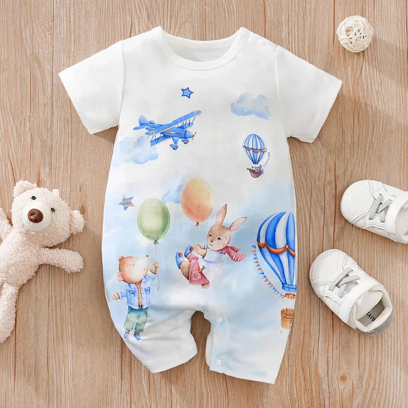 Baby Short Sleeve Romper – Animal Cartoon Print (0-18M)    Mimou Babywear