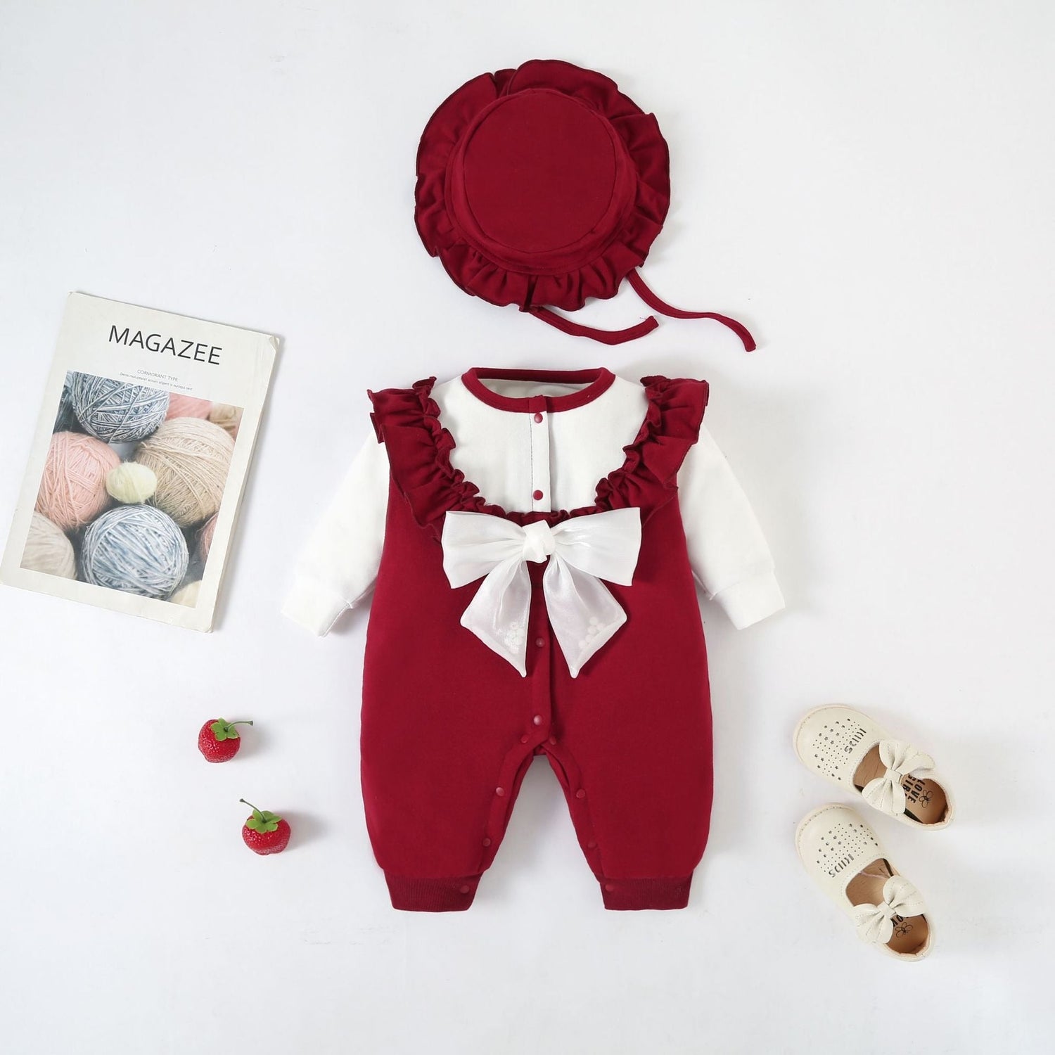 Baby Spring Clothes Newborn Female Baby Onesie Full Moon Out Jumper Plus Velvet Autumn And Winter Crawling Clothes   Burgundy / 80cm Mimou Babywear