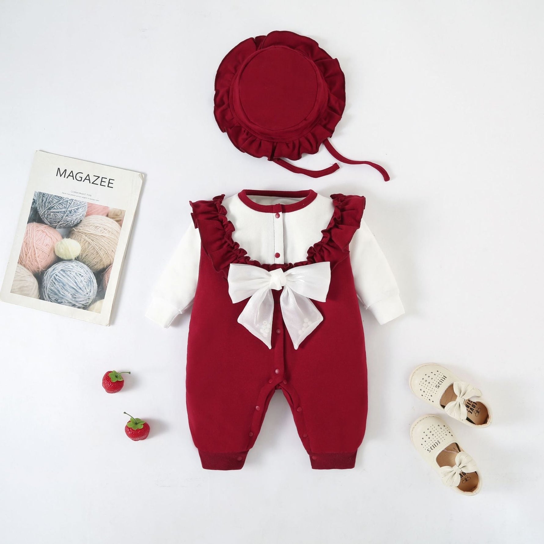Baby Spring Clothes Newborn Female Baby Onesie Full Moon Out Jumper Plus Velvet Autumn And Winter Crawling Clothes   Burgundy / 80cm Mimou Babywear